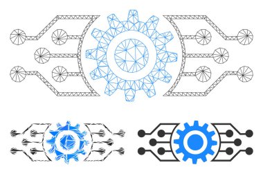 Dijital Cog Vektör Ağ Kablo Çerçeve Modeli ve Üçgen Mozaik Simgesi