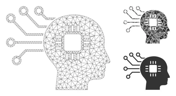 Brain Circuit Vector Mesh Wire Frame Model and Triangle Mosaic Icon — Stock Vector