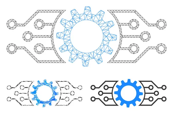 Modelo de marco de alambre de malla vectorial de fábrica electrónica de engranajes e ícono de mosaico triangular — Vector de stock