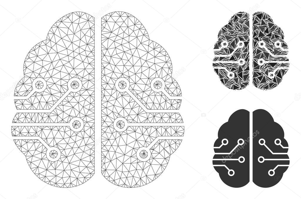 Electronic Brain Vector Mesh Wire Frame Model and Triangle Mosaic Icon