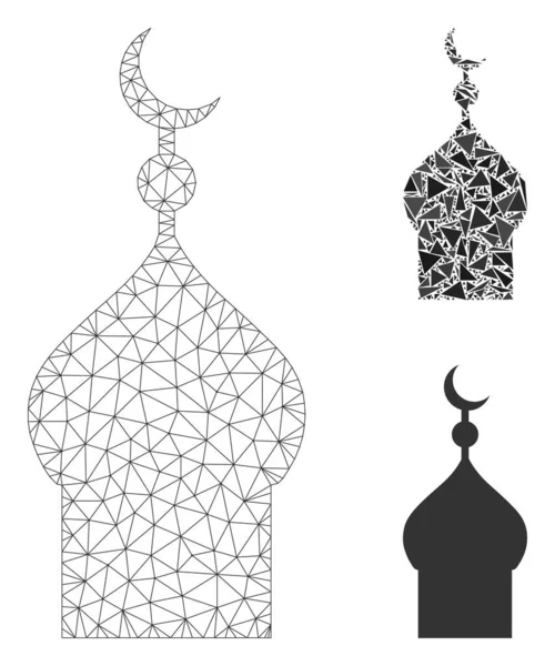 Muslimische Kirche Vektor Mesh Rohbau Modell und Dreieck Mosaik-Symbol — Stockvektor