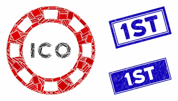 ICO Token Mosaïque et tampons rectangulaires rayés — Image vectorielle
