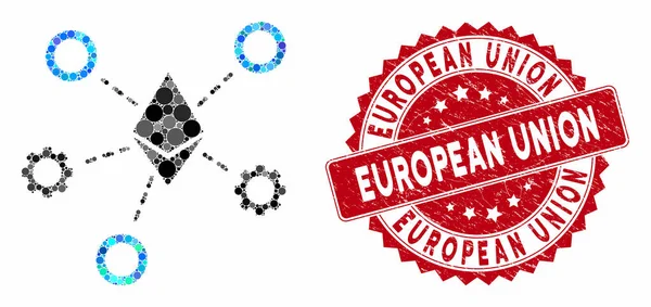 Mosaïque Ethereum Nœuds réseau avec détresse Timbre de l'Union européenne — Image vectorielle