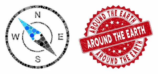 Collage Kompass med Grunge Around the Earth Stamp — Stock vektor