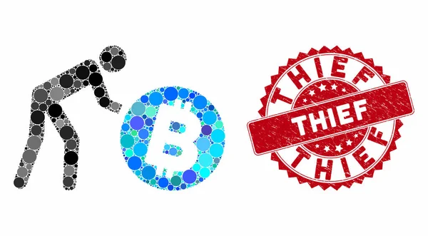 Collage trabajador rollo Bitcoin con Sello ladrón rayado — Vector de stock