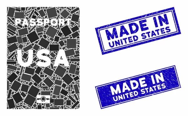 Selos de selo de retângulo de mosaico e grunge de passaporte americano — Vetor de Stock