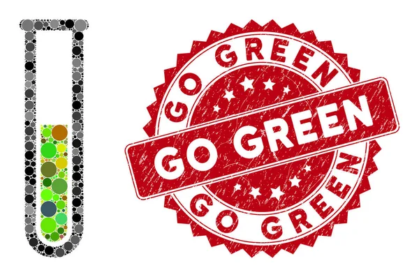 Colagem tubo de teste líquido verde com Grunge Go Green Stamp —  Vetores de Stock