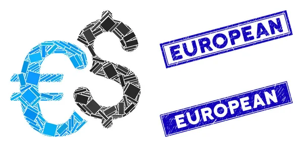 Euro et Dollar Monnaie Mosaïque et Grunge Rectangle filigranes européens — Image vectorielle
