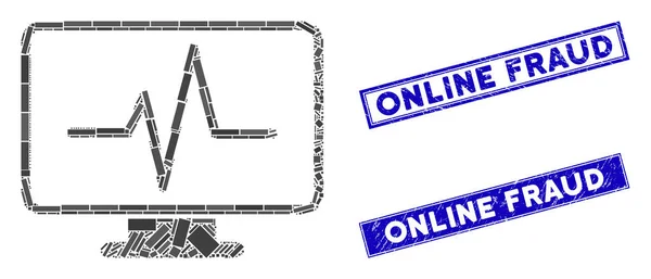 온라인 사기꾼 바다표범, 모자이크 및 grunge 직사각 형을 모니터링하는 라인 차트 — 스톡 벡터