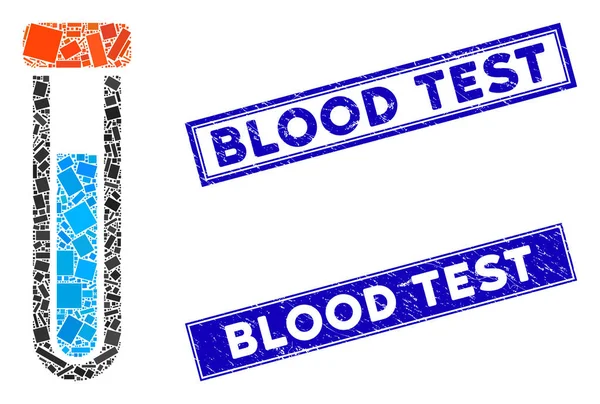 Örtülü Test Tüpü Mozaik ve Tehlike Dikdörtgeni Kan Testi Damgaları — Stok Vektör