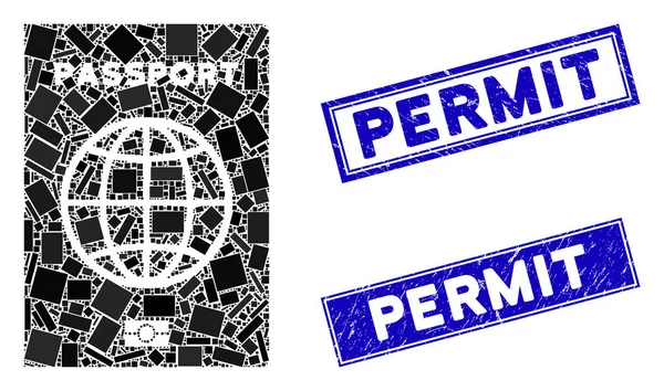 Passaporte Mosaic and Distress Rectangle Permit Stamp Seals — Vetor de Stock
