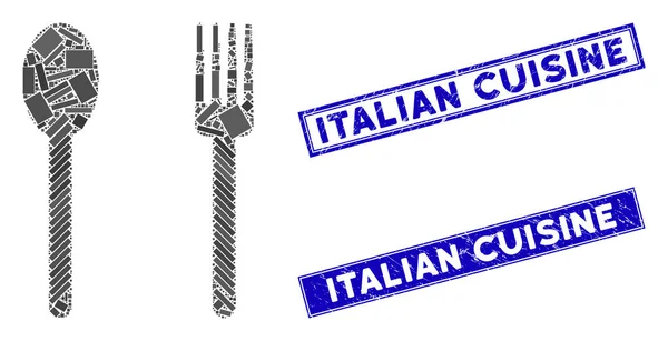 Вилка и ложка Мозаика и бедствия прямоугольник итальянской кухни марки — стоковый вектор