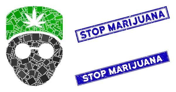 Mosaico Cabeza Doctor Cannabis y Rectángulo Rasguñado Stop Marihuana Sellos — Vector de stock