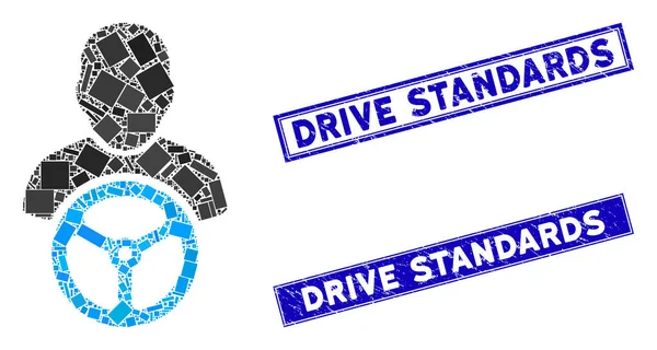 Sürücü Mozaiği ve Tehlike Dikdörtgeni Sürüş Standartları Filigranları — Stok Vektör