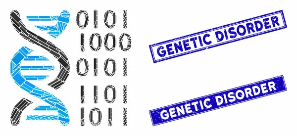 DNA binární kód Mozaika a poškrábaný obdélník genetické poruchy známky — Stockový vektor