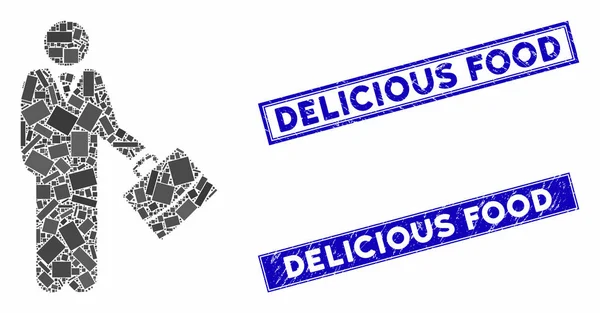 De pie Empresario mosaico y rayado rectángulo Deliciosos sellos de alimentos — Vector de stock