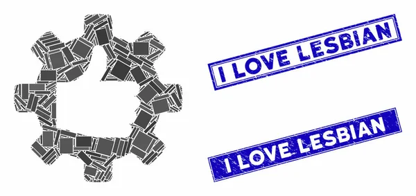 Gear Thumb Up Mosaic and Grunge Rectangle I love Lesbian Stamp Seals — стоковый вектор
