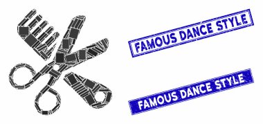 Tarak ve Makas Araçları Mozaik ve Çizilmiş Dikdörtgen Ünlü Dans Damgası Mühürleri