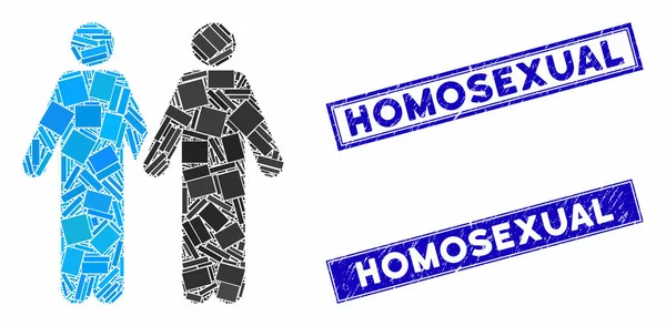 Gay paar mozaïek en grunge rechthoek homoseksuele zegel zegels — Stockvector