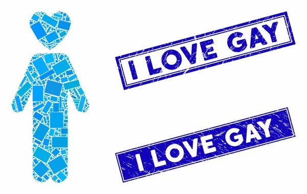 Amoureux Homme Mosaïque et détresse Rectangle I Love Gay Timbres sceaux — Image vectorielle