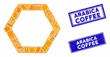 Contour Hexagon Mozaiği ve Grunge Dikdörtgen Arabika Kahve Damgaları