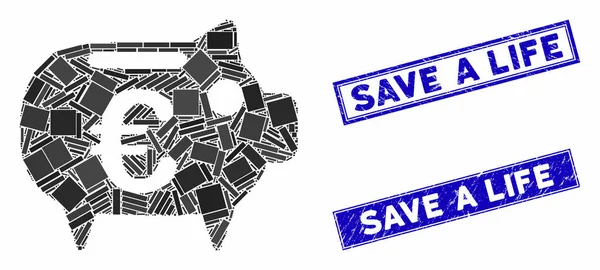 Euro Piggy Bank Mosaic and Scratked Rectangle Save a Life Seals — стоковий вектор