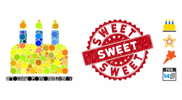 Mosaic Birthday Cake Icon with Grunge Sweet Stamp — Stock Vector