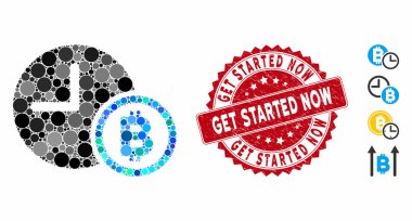 Mosaic Bitcoin Credit Clock Icon with Scratched Get Started Now Stamp clipart