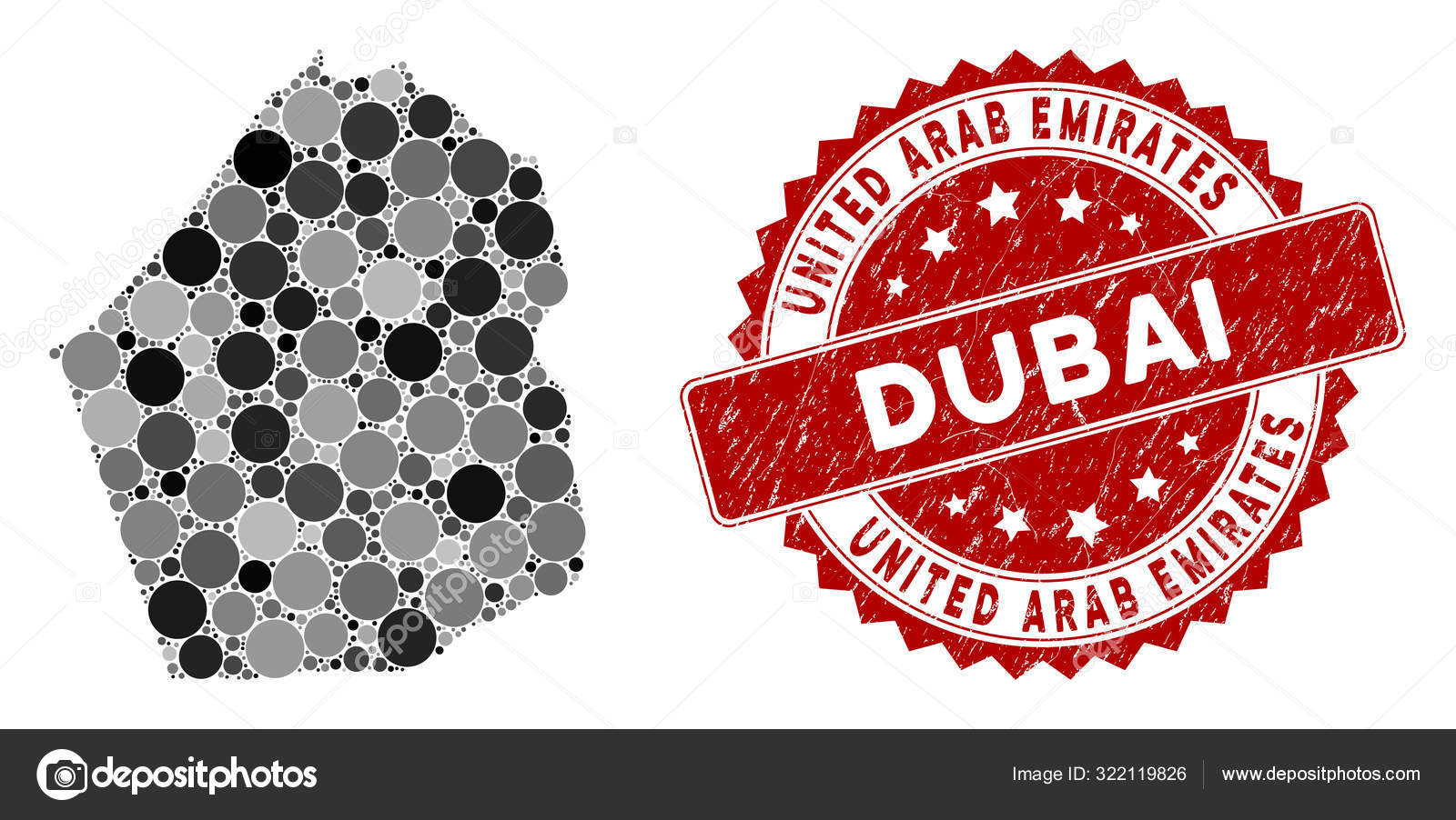 Mosaic Dubai Emirate Map And Scratched Circle Watermark Stock