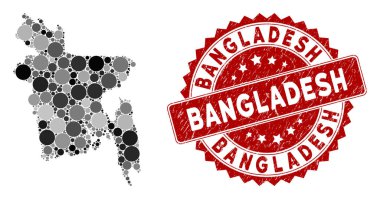 Mozaik Bangladeş Haritası ve Tehlike Yuvarlak Filigranı