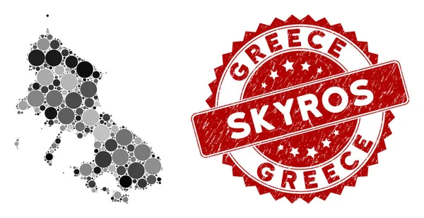 Mosaic Skyros希腊岛地图和Grunge Circle邮票 — 图库矢量图片