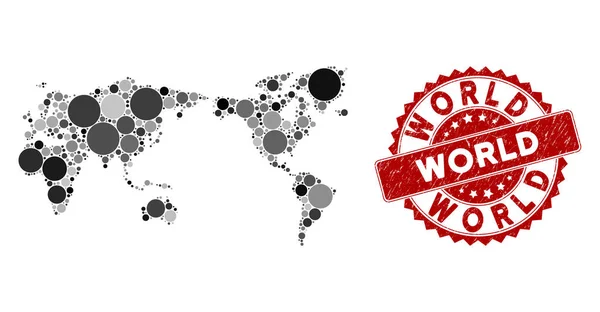Mapa mundial do mosaico e marca d 'água redonda raspada —  Vetores de Stock