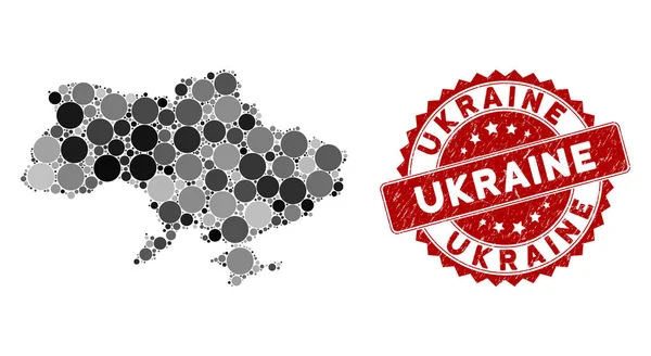 Mosaik-Ukraine-Karte mit Krim und Grunge-rundem Wasserzeichen — Stockvektor