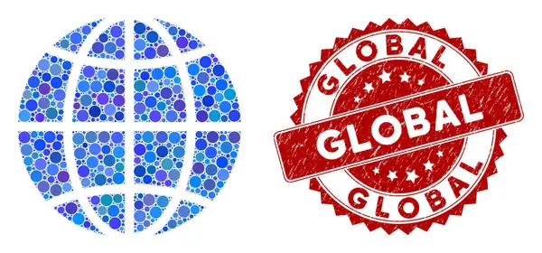 Mosaïque Planète Globe et Cercle de détresse Timbre — Image vectorielle