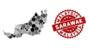 Mozaik Sarawak Devlet Haritası ve Grunge Yuvarlak Filigranı