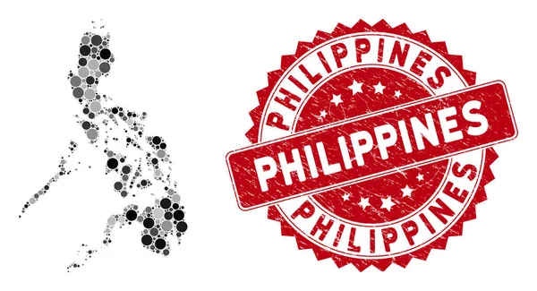 모자이크 필리핀 지도와 둥근 인장 — 스톡 벡터