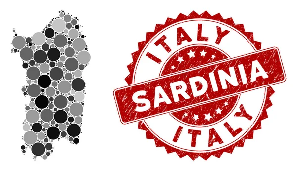 Mozaika Włoska Mapa wyspy Sardynia i znak wodny Scratched Circle — Wektor stockowy