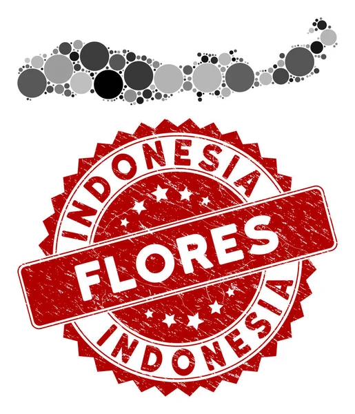 Mosaik Flores Pulau Indonesia Peta dan Distress Round Stamp - Stok Vektor