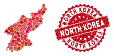 Mozaik Kuzey Kore Haritası ve Grunge Çemberi Damgası