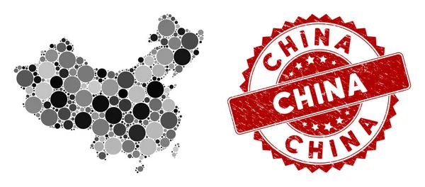 Mosaico China Mapa y Sello de círculo rayado — Vector de stock