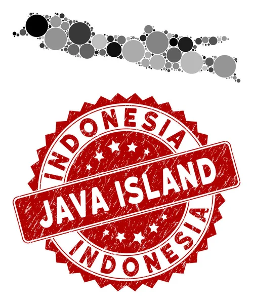 Mozaik Java Adası Haritası ve Çizilmiş Yuvarlak Mühür — Stok Vektör