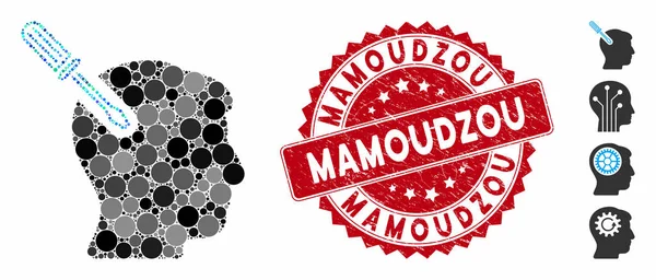 Mosaico cabeza cirugía destornillador icono con grunge mamoudzou sello — Vector de stock