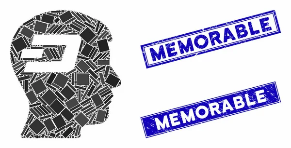 Traço Cérebro Mosaico e angústia Retângulo Selos de Selo Memoráveis — Vetor de Stock