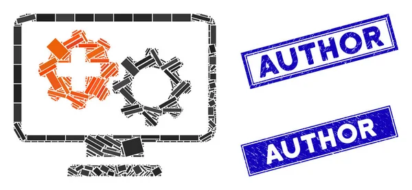 Processus médical Engrenages Surveillance Mosaïque et Grunge Rectangle Auteur Timbre joints — Image vectorielle