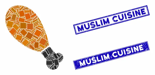 Mosaico de pierna de pollo y rectángulo de angustia sellos de cocina musulmana — Vector de stock