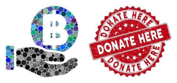 Mosaik Baht Pembayaran koin Tangan dengan Distress Donate Here Seal - Stok Vektor