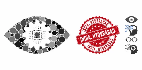Collage Cyborg Eye Lens Icono con textura India, Hyderabad Sello — Vector de stock