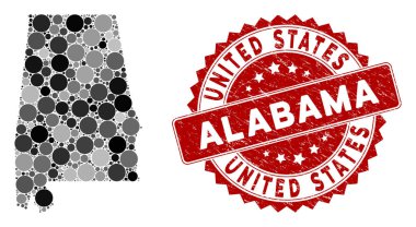 Mozaik Alabama Eyaleti Haritası ve Grunge Yuvarlak Mührü