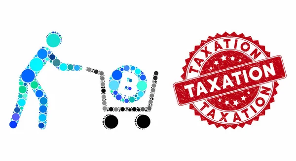 Collage Bitcoin Carro de compra con sello de impuestos texturizados — Vector de stock