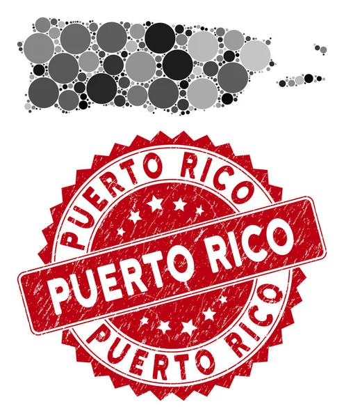 Mappa Mosaic Puerto Rico e francobollo Rotondo graffiato — Vettoriale Stock